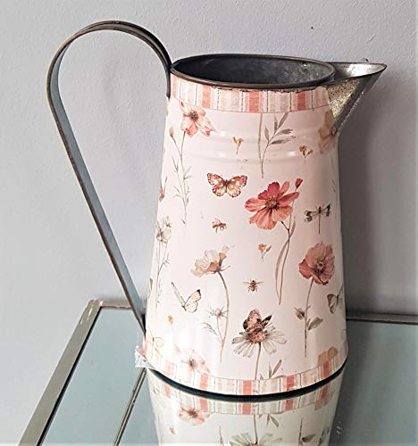 Brocca in metallo con farfalle e fiori in stile shabby chic