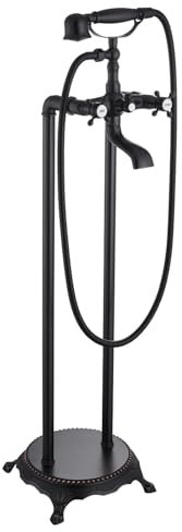 Robinet de baignoire autonome en bronze frotté à l'huile pour fixation au sol de la baignoire double bouton croix de salle de bain mélangeur avec mitigeur douche en forme de téléphone