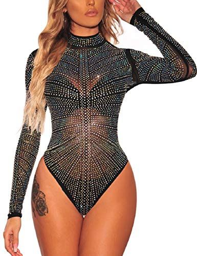 SEBOWEL Damen Sexy Sheer Mesh Bodysuit Strass Durchsichtige Langarm Trikot Jumpsuit Tops Bodycon Bluse T-Shirt (XL, Schwarz)