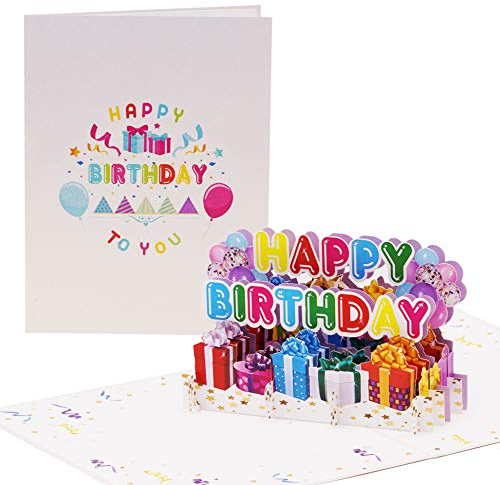 Happy Birthday Geburtstagskarte fröhlich, bunt | Pop up Karte Geburtstag mit 3D Luftballons, Geschenke | Glückwunschkarte oder Gutschein zum Geburtstag, G24