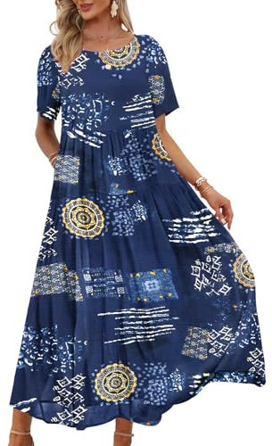 YESNO Women Dresses Casual Plus Size Bohemian Short Sleeve Floral Long Maxi Summer Beach Swing Dress/Pockets 3XL EJFUK CR176