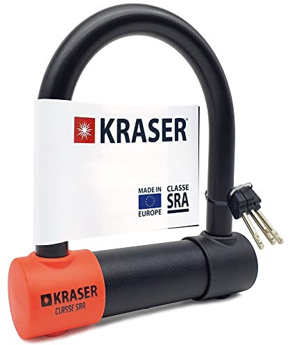 KRASER KR120S Lucchetto a U Blocco Ruota, Robusto, Omologato SRA, Alta Sicurezza Testata, Arco 120x125mm ø18mm Doppia Chiusura, Serratura Antistrappo, Antifurto U Lock per Moto, Scooter
