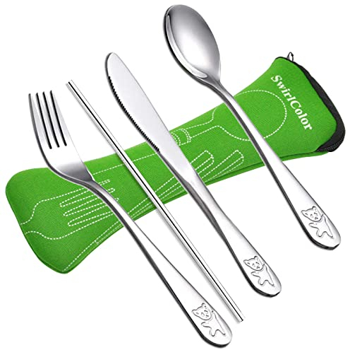 Cubiertos Niños, Lindo Acero Inoxidable Juego de Cubiertos Cuchillo Tenedor Cuchara Paja Set Cubiertos con Estuche Cubiertos para Hogar Escuela Trabajo Camping Viaje - 4 Piezas