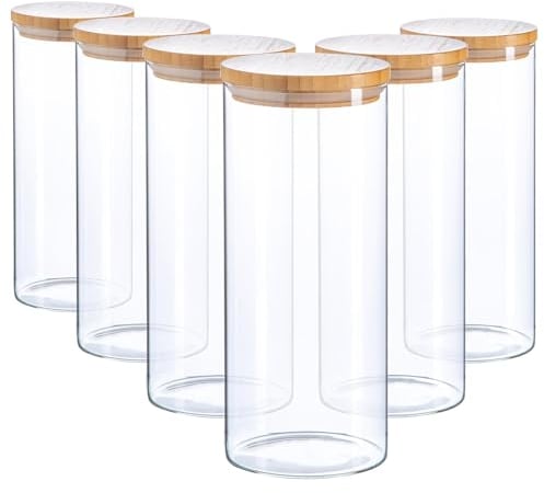 Argon Tableware Scandi Storage Jars with Wooden Lids - 1500ml - 6 Pack - Modern Round Organisation Container Glass Jar for Kitchens, Pantry, Bathrooms, Utility Rooms