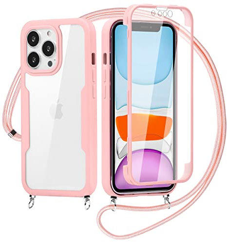 Yoedge 360 Degré Coque pour iPhone 11 avec Cordon de Collier 6,1, Coque avec Protecteur d'écran Intégré Transparent Silicone Full Body Protection Antichoc Housse Cordage Lanyard Case, Rose