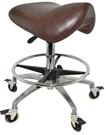VAKON SALON - Premium Sattelhocker braun mit Bremse, Sattelstuhl für Rückenentlastung, Rollhocker höhenverstellbar von 55-75 cm mit Fußring, Praxishocker, Bürohocker, Arbeitshocker