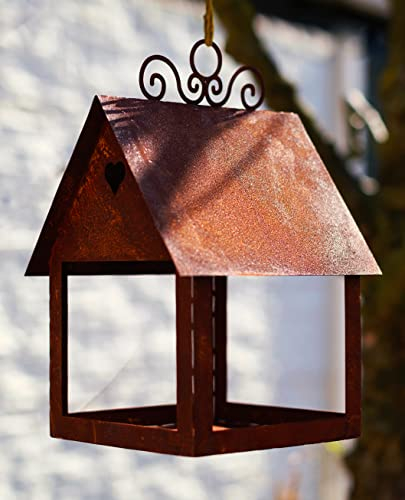 Vogelhaus mit Herz 36cm zum Hängen/Hinstellen zum Beleuchten Windlicht Teelicht Futterhaus Edelrost Gartendeko Metall Rost