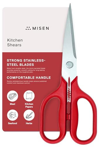 Misen Heavy Duty Kitchen Shears - Versatile Scissors for Meat, Poultry & More - Easy Clean, Professional Grade - Ambidextrous Comfort Handle - Red