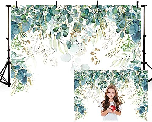 MEHOFOND 3 x 2,1 m grüne und goldene Blätter Geburtstag Portrait Fotografie Hintergrund Eukalyptus Party Banner Fotohintergrund Babyparty Kuchen Smash Tisch Tapete Dekoration