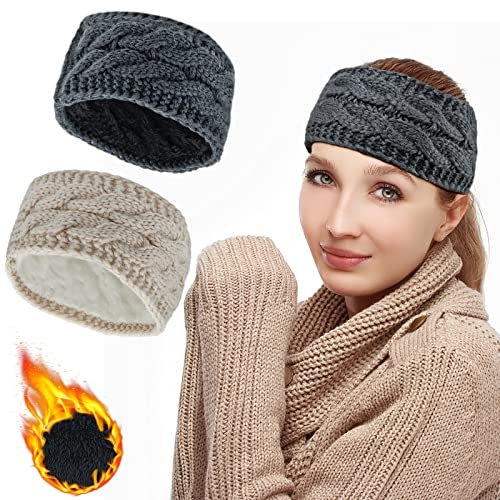 Stirnband Damen Winter 2 Stück Gestrickt Haarband Fleece Warme Strickstirnbänder Elastische Kabel Kopfband (Beige+Dunkelgrau)