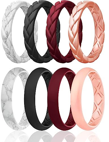 Egnaro Silicone Wedding Rings For Her, Women's Rubber Bridal Sets Thin Bands, Stackable Leaves Braided Design With Breathable Grooves Workout Accessories, 4.5-5(15.7mm), Metal,Rubber,Silicone, No