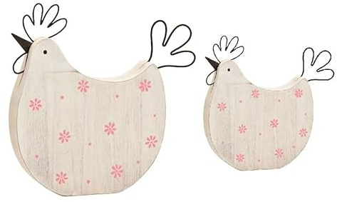 Miss Lovely Oster Deko Hühner Holz 2er Set Creme Weiß Rosa – Moderne Osterdeko Frühling Henne Figur Blumen Aufsteller Tischdeko Ostern Landhaus Stil