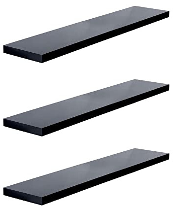 Roseley 3pc High Gloss Floating Shelves 110cm Long Invisible Mounting Decorative Wall Display Shiny Bathroom Living Room Bedroom Fixings Included [Black]