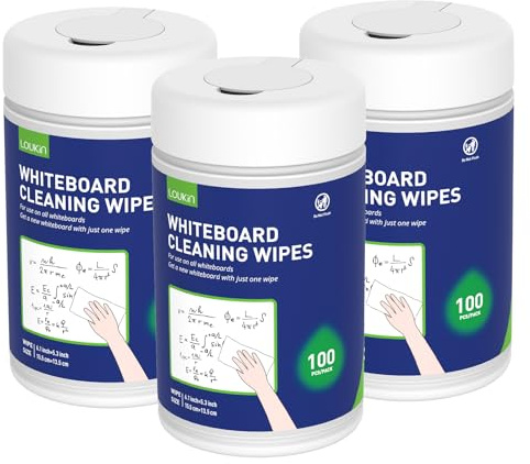 LOUKIN Whiteboard Cleaning Wipes, Dry Erase Board Wipes, 100 Count, 3 Pack | Ghosting & Stubborn Mark Removal, AP-Certified, Low-Odor & Non-Toxic Formula, Sealed Pop-Up Container