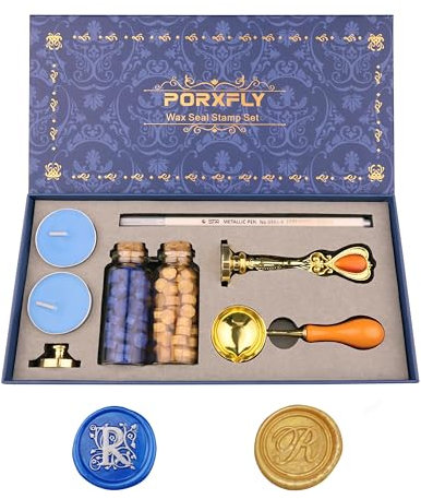 PORXFLY 2 Stück Letter R Wachs-Siegel-Stempel-Set, Initial Alphabet Wachs-Siegel-Stempel-Kit Vintage Geschenk-Box, A bis Z Buchstaben-Serie Stempels für Hochzeit Einladungen, Umschläge (R)