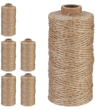 Relaxdays 6 Rouleaux de Ficelle en Jute (chacune : 100 m), Bricolage, Jardin, Emballage, Nature
