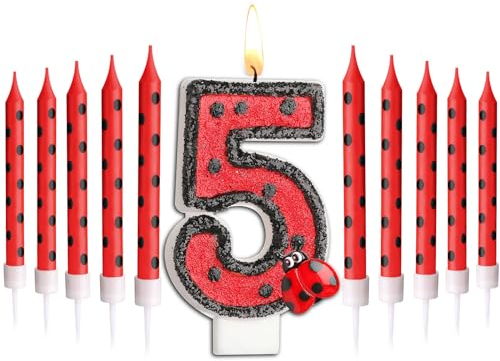 Herdear Marienkäfer Nummer 1-9 Geburtstag Kuchenkerze Ziffern Geburtstagskerzen Geburtstagsdeko Schwarz Rot Marienkäfer Punkt Tortenkerzen Marienkäfer Kerzen für 5. Geburtstag Baby Party (Nummer 5)