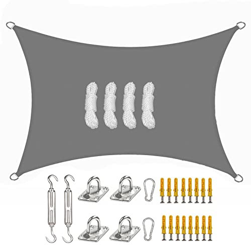 Sunal Shade Sail Waterproof 2×3m with Installation Fixing Kit, Rectangle Outdoor Garden Sun Shade Sail Canopy,PES Polyester and Tear Resistant,Sail shade for Outdoor Garden Party Backyard Lawn,Grey