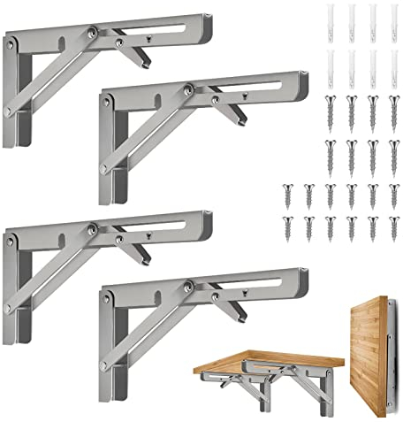 4 Pièces Équerre Pliante 30cm,Support Console Pliable,Supports D' étagères Pliants Charge,Equerre Etagere,Lourds Support Console Pliable Rétractable Murale en Acier Inoxydable pour Garage,Cuisine