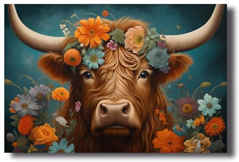 LZIMU Hochlandkuh Leinwand Bilder niedliche Kuh mit Blumen Poster Drucke lustige Tiere Bild rustikales Bauernhaus Kunstwerk Badezimmer Dekoration Gerahmt (Bild-4, (40.00 x 60.00 cms))