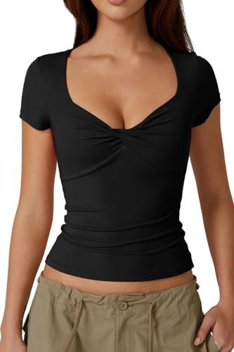 QINSEN Women's Sexy Twist Front V Neck T Shirts Double Lined Short Sleeve Slim Fit Crop Top Trendy Y2K Tops Tee, Black, S