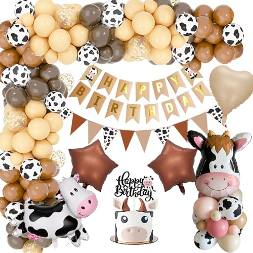 YYDSXK Geburtstagsdeko Junge, Braun Kuh Deko Geburtstag Set mit Happy Birthday Banner, Kuchendeko, Kuh und Stern Folienballons, Kuh Party Luftballons für Baby Shower, Mädchen Junge Geburtstag Deko