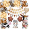 YYDSXK Geburtstagsdeko Junge, Braun Kuh Deko Geburtstag Set mit Happy Birthday Banner, Kuchendeko, Kuh und Stern Folienballons, Kuh Party Luftballons für Baby Shower, Mädchen Junge Geburtstag Deko