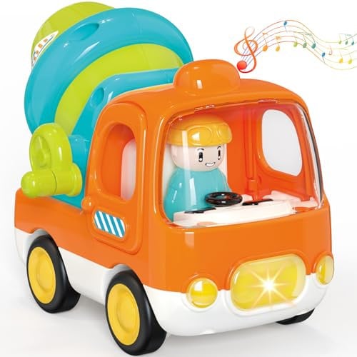MOONTOY Auto Spielzeug Baby Spielzeugautos ab 1 Jahr, Push and Go Trägheit Fahrzeug für 1 2 3 4 Jahr Jungen Mädchen, Betonmischer mit Musik und Lichtern, LKW Zurückziehen Geschenke für Kinder 1 Jahr