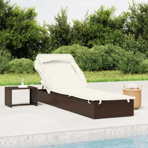 ZEYUAN 319637 Sonnenliege mit klappbarem Sonnendach, Polyrattan, Braun, 213 x 63 x 97 cm, Gartenliege, Strandliege, Liegestuhl, Poolliege, Terrassenmöbel