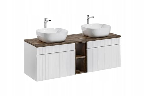 Muebles Slavic Badezimmerschrank zum Aufhängen, 2 Waschbecken, Schubladen, weiß, matt/Eiche, Arbeitsplatte, 180 cm, modernes Badezimmermöbel
