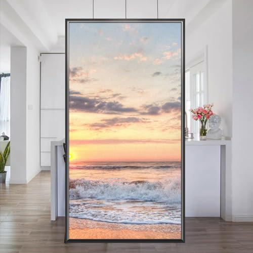 Blick auf das Meer bei Sonnenuntergang Fensterfolie, Matt, Kein Kleber, Sichtschutz, Fensteraufkleber, Undurchsichtig, for Zuhause, Dekorative Buntglasfolie Fensterfolien, 45x200cm