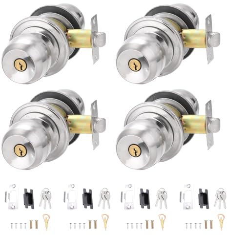 PATIKIL Key Entry Door Knobs Interior 60mm/2.4inch, 4 Pack Round Stainless Steel Bedroom Bathroom Door Knob with Zinc Lock Entry Indoor Outdoor Door, Silver