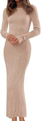 MEROKEETY Women's 2025 Long Sleeve Bodycon Sweater Dress Fall Winter Crew Neck Ribbed Knit Maxi Dresses, Khaki, S