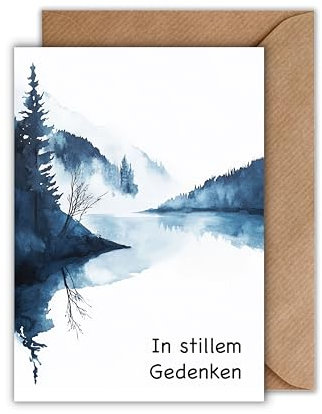 WBdesignz Trauer Karte mit Umschlag - Gedenkkarte In stilllen Gedanken Aquarell Seelandschaft Wald Natur Beileidskarte Beileid Trauerfeier Beerdigung Anteilnahme (DIN A6)