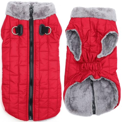 JoyDaog Warmer Fleece-Hundemantel mit strapazierfähigem Geschirr mit D-Ring, wasserdichte Welpenjacke für kleine Hunde, Hundeweste für den kalten Winter, Rot, Größe S