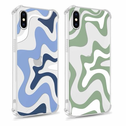 Yomjew 2 Pack Cute Clear Line Art Phone Case for iPhone X/XS 5.8, Wavy Painted Pattern Aesthetic Design Case Soft Slim Anti-Yellow Protective Shockproof TPU Cover for Women Girls, Blue & Green