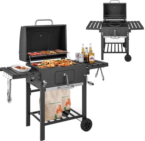SPOTRAVEL Charcoal Barbecue Grill, BBQ Cooking Trolley with 2 Foldable Side Tables, Hooks, Thermometer & Adjustable Chimney, Outdoor Mobile Smoker Griller for Camping Picnic Party