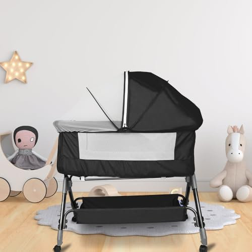 Kedia Babybett, Kinderbett mit Moskitonetz, Kinderreisebett mit Rollen, Babybetten Babywiege, Beistellbett (A-Schwarz)