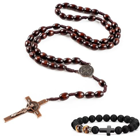 AIBAOBAO Katholische Rosenkranz Kette Kreuz Halskette Holz, Gebetskette Christlich,Handgefertigte, Obsidian Armband Damen Herren, für katholische Christen Religiöse Kommunion, Taufe, Messe, Bibel