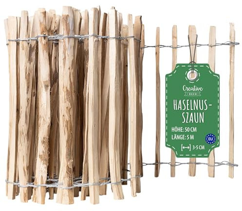 Creative Home Recinzione Giardino Esterno | Staccionata Legno Alto 50cm Lungo 5m | Recinzione in Nocciolo a Rotolo | Distanza Pannelli 3-5cm | Recinto Legno per Prato, Bordatura di Aiuole in Nocciolo