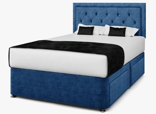 DBS Rio Chesterfield Diwan-Bett + Memory-Federkernmatratze + 61 cm Kopfteil (Blau, Doppelbett, 4 Schubladen)