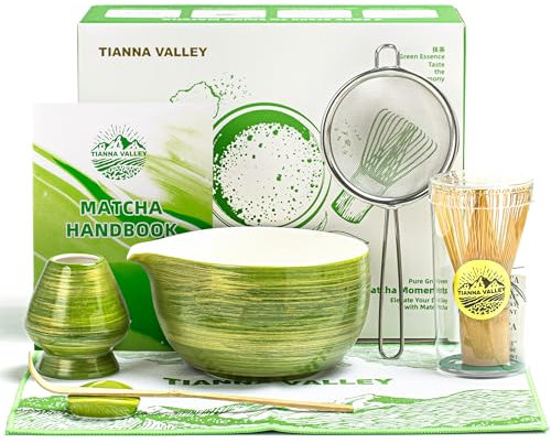 TIANNA VALLEY Matcha Kit, ensemble matcha vert 7 pièces, kit matcha pour cérémonie, bol en céramique (chawan) de 510 ml/18 oz avec bec verseur, fouet en bambou et support, ensemble à thé matcha
