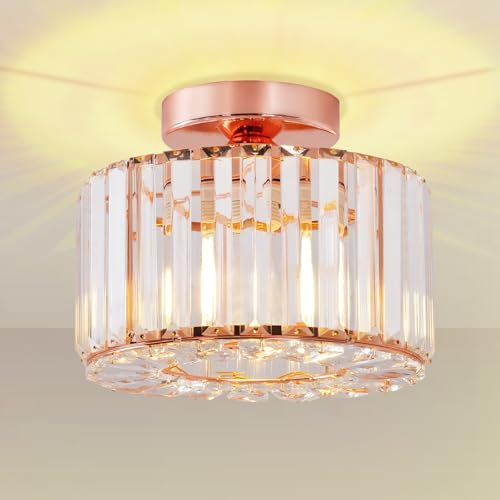 Seruno X Plafonnier en Cristal, Plafond Moderne Or Rose, Luminaire E27 Lustre Semi-Encastré pour Salon, Chambre, Cuisine, Salle à Manger, Couloir, Salle de Bain, Hall d'entrée, Bar