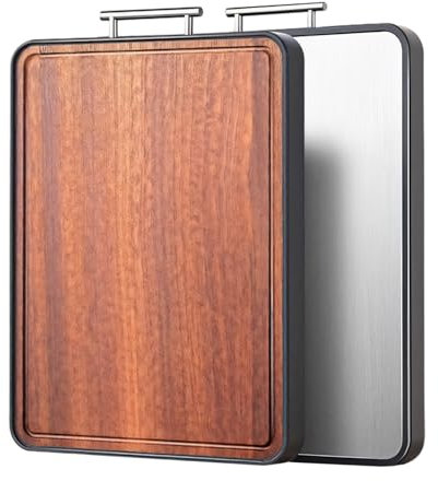 Tabla de cortar grande de titanio, madera de nogal de doble cara y acero inoxidable, antibacteriana, certificado Tuv
