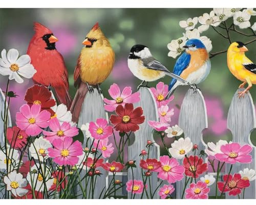Bits and Pieces 500 Piece Puzzles for Adults - Large 18 x 24 Jigsaw Puzzles 500 Pieces Cardinal Chickadee Gold Finch, Random Die Cut, No 2 Pieces Alike, Song Bird & Cosmos