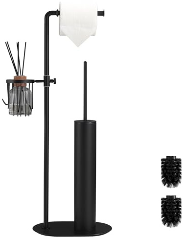 BVL Toilettenpapierhalter Stehend Schwarz, Edelstahl Klopapierhalter Stehend und 360° praktischem Aufbewahrungskor, Toilettenpapierhalter mit Bürste Klobürste mit Klopapierhalter WC Garnitur