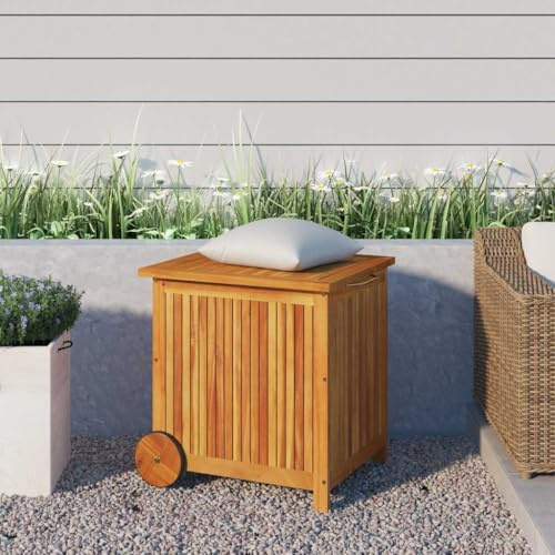 Teenpull Gartentruhe mit Rollen, 60x50x58 cm Massivholz Akazie, Aufbewahrungsbox für Garten Outdoor Kissen und Auflagen, wasserabweisend