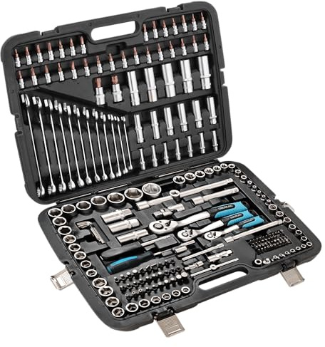 Cecotec Werkzeugkoffer ToolBox KRK 6200. 216-tlg., 3 Ratschen 72 Zähne (5°), CR-V Stecknüsse inkl. Radmuttern, 2 Schraubendreher mit Wechselspitze, S2 Bits, 12 Maulschlüssel, Koffer mit 4 Schnallen