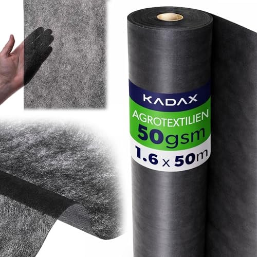 KADAX Telo pacciamatura Anti Erbacce 1,6 x 50 m - 50 g/m² Nero - per aiuole e orto - Permeabile all’Acqua per irrigazione Senza ristagni