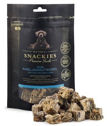 SNACKIES Premium Snacks für Hunde, ohne Zusatz von Getreide, Zucker, Farb-, Aroma- und Konservierungsstoffe, schonend luftgetrocknete Leckerli, Feine Kabeljauhautwürfel 130g